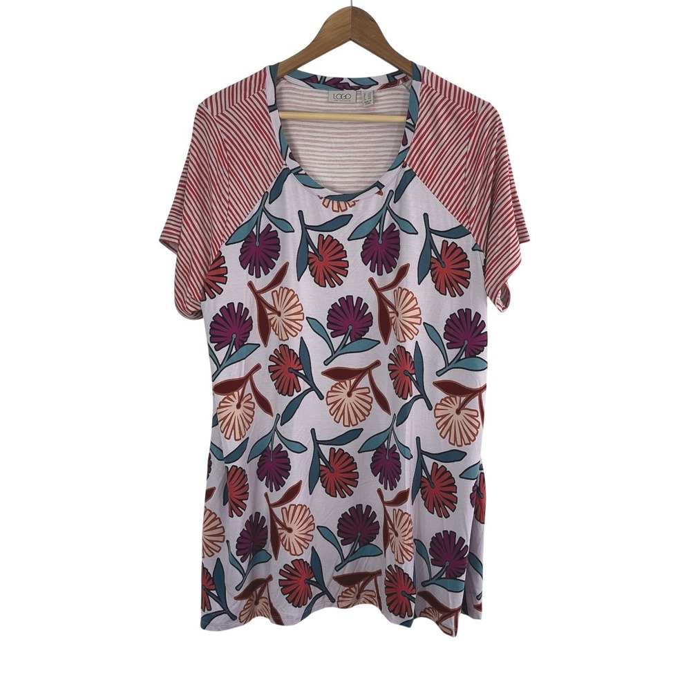 Logo by Lori Goldstein Tunic‎ Top 2X Mixed Print Stripe Floral Stretch Pockets